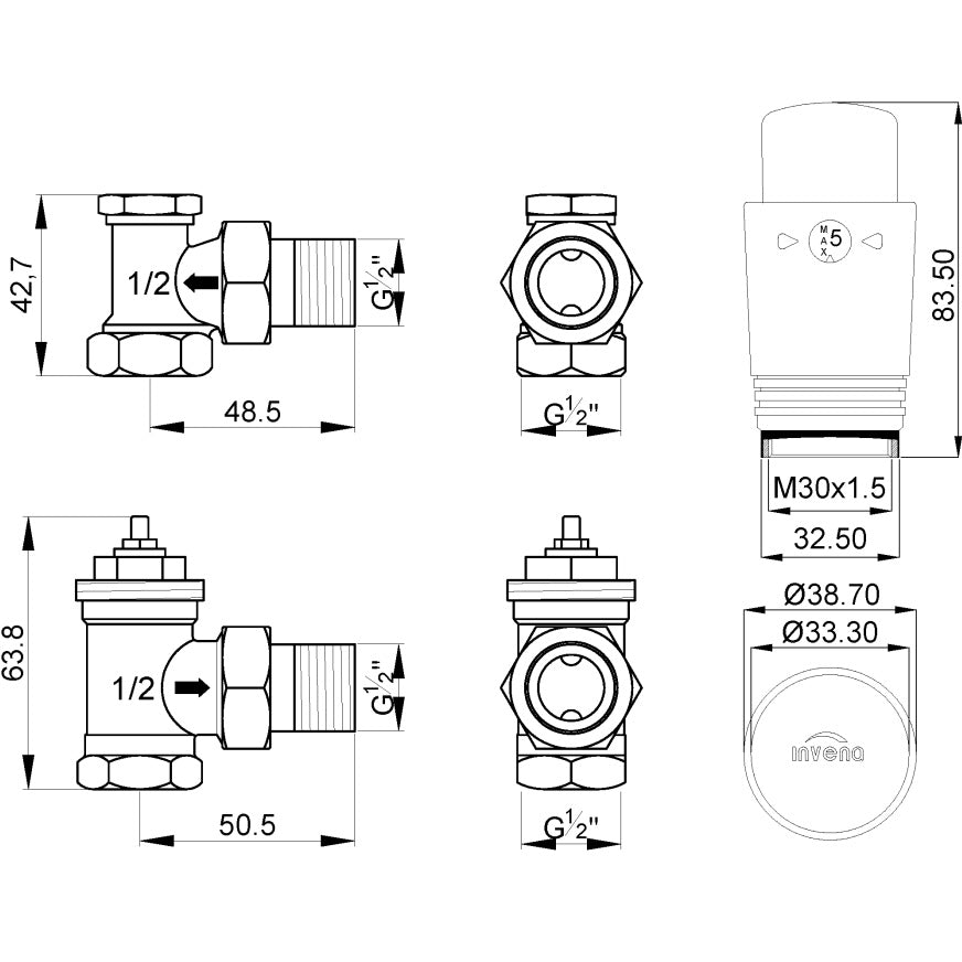 Angled Thermostatic Set Graphite Finished Heater 1/2" Inch BSP Radiator Connection