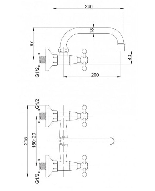 Chromed Brass Wall Mounted Mixer Faucet 20cm C-type Spout Tap with Retro Heads