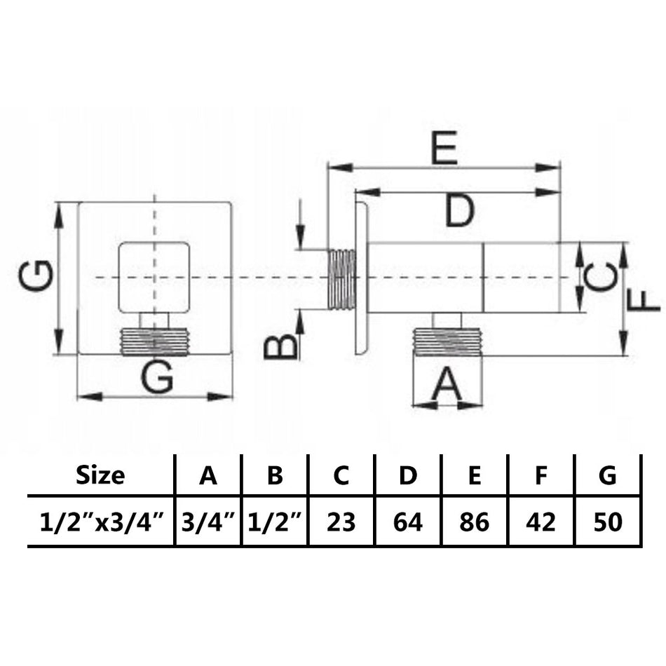 1/2" x 3/4" Inch BSP Angled Ceramic Head Valve Chromed Square Shaped Tap Connector