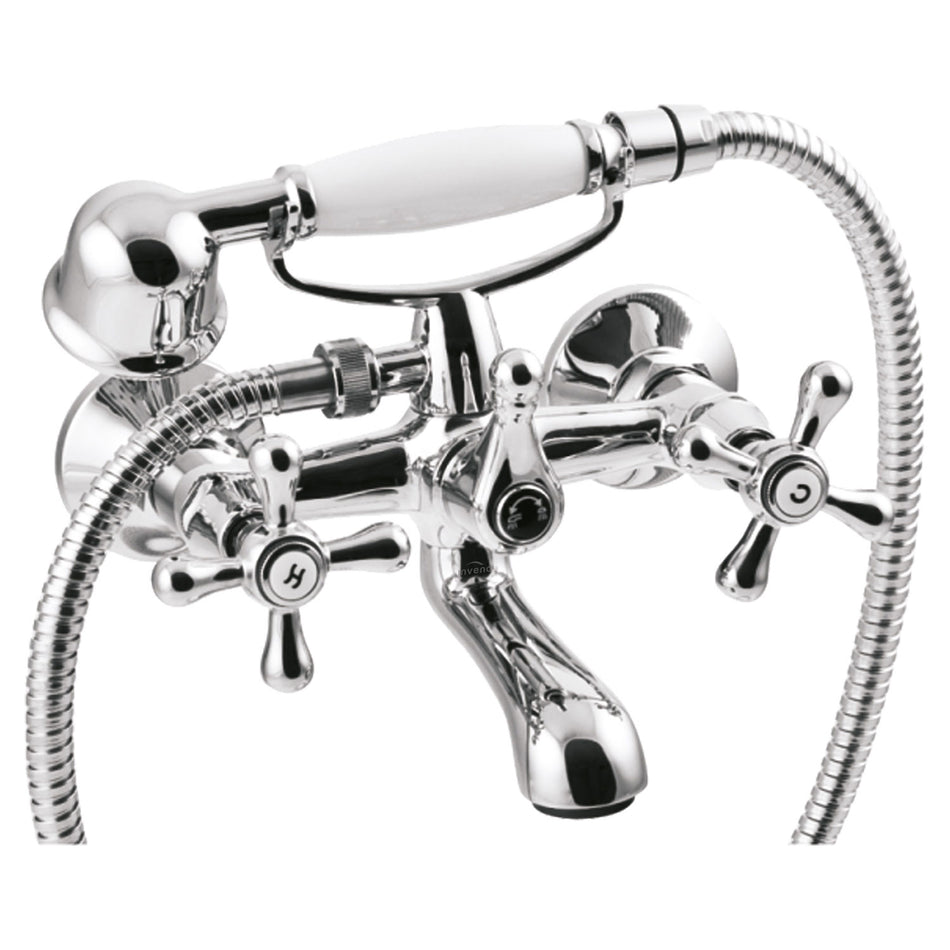 Traditional Cross Head Wall Mounted Bath Tap Filler Mixer Shower Chrome