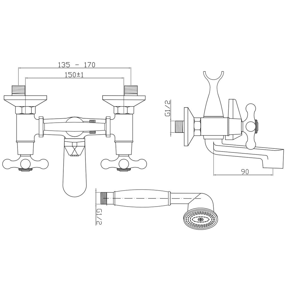Traditional Cross Head Wall Mounted Bath Tap Filler Mixer Shower Chrome