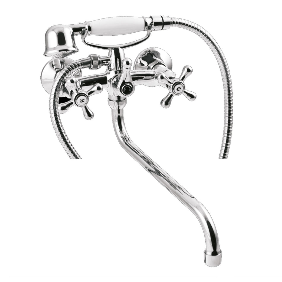 Bath Tap Filler Shower Chrome Crosshead Long 'S' Type Spout Wall Mounted