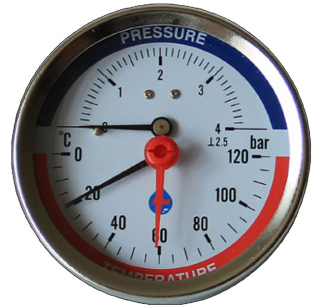 6 Bar 120C Temperature Pressure Gauge Rear Entry 1/2 Inch 80mm Dial