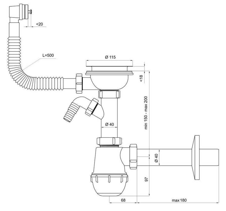 115mm Single Kitchen Sink Bottle Drain Waste Trap Wash Machine Dish Washer Input