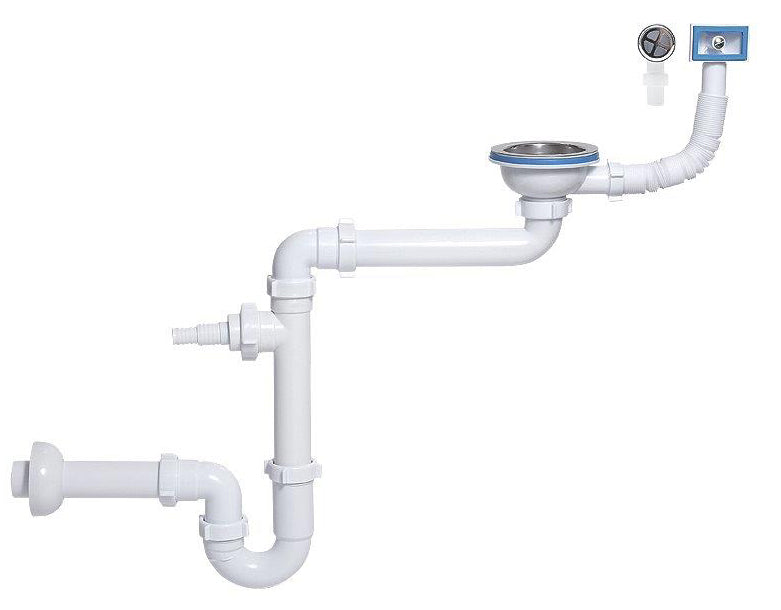 115mm Single Space Saving Kitchen Sink Drain Waste P-Trap Set Dish Washer Input