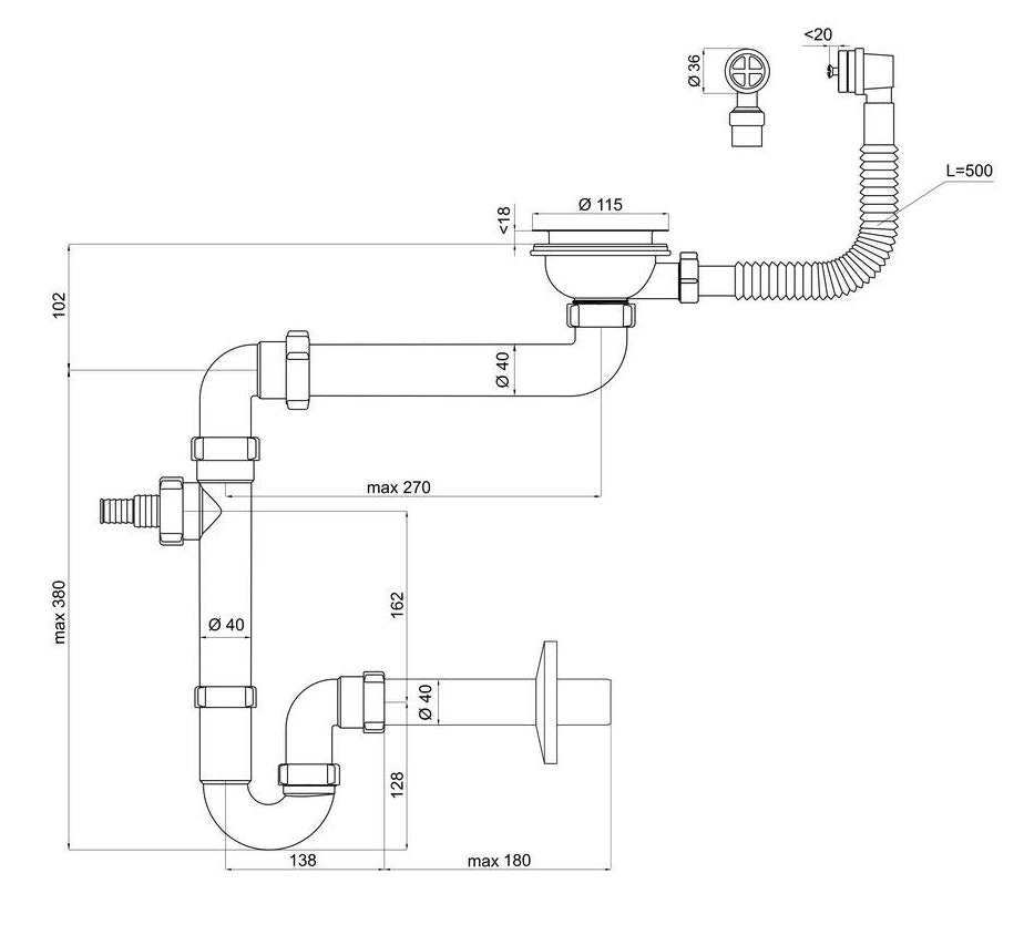 115mm Single Space Saving Kitchen Sink Drain Waste P-Trap Set Dish Washer Input