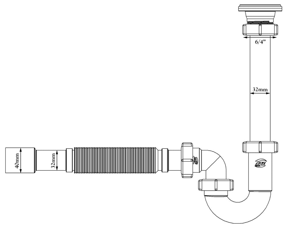 6/4 Inch x 40mm Kitchen Sink Drain Waste Trap With Flexible Part for Easy Connection