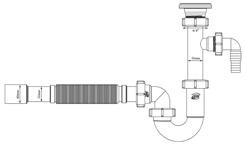 6/4 Inch x 40mm Kitchen Sink Drain Waste Trap With Flexible Part Dishwasher Input