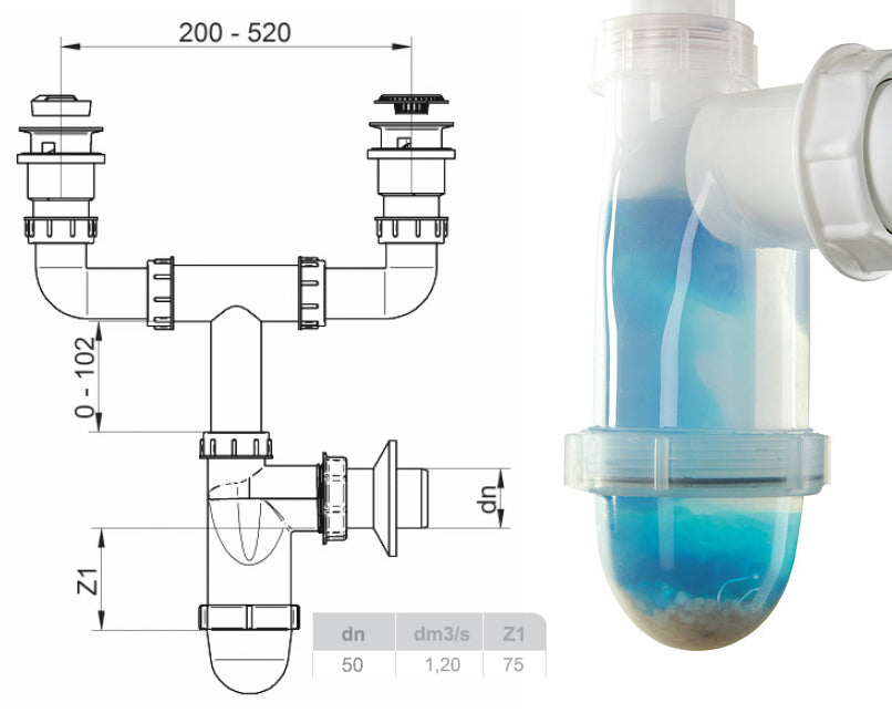 Bathroom Kitchen Double Bottle Drain Waste Trap with Transparent Body + Washing Machine Input