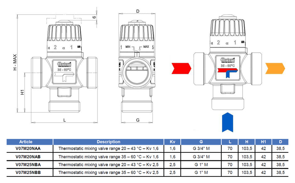 3/4 Inch Thermostatic Mixing Valve 35-60C Side Way Mixed Water Male 1.6m3/h