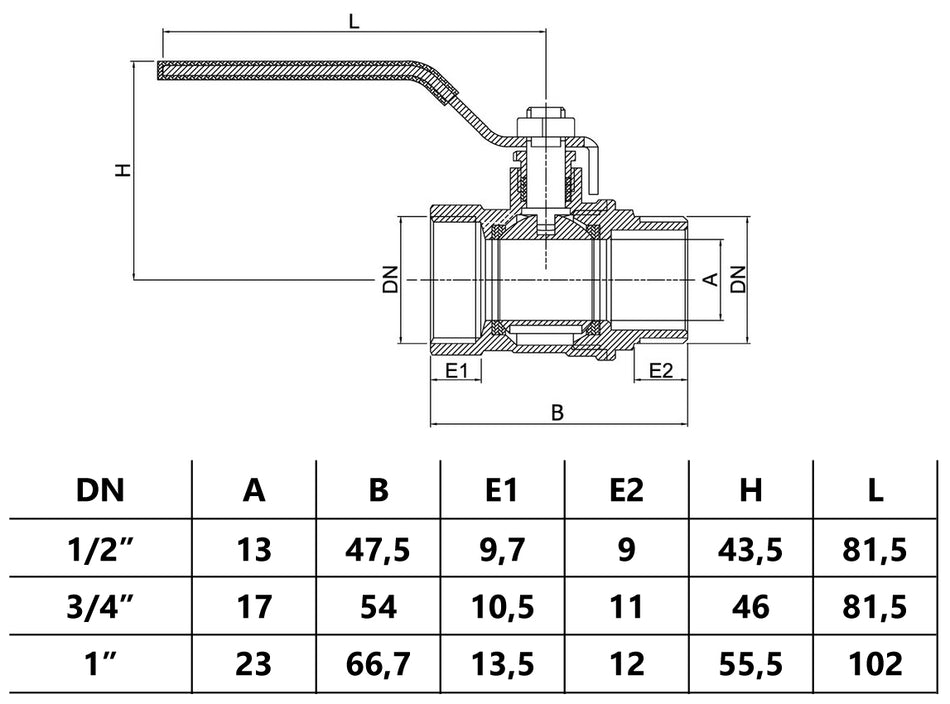 3/4 Inch Inline Water Ball Valve Quarter Turn Steel Handle DN20 Female x Male Thread