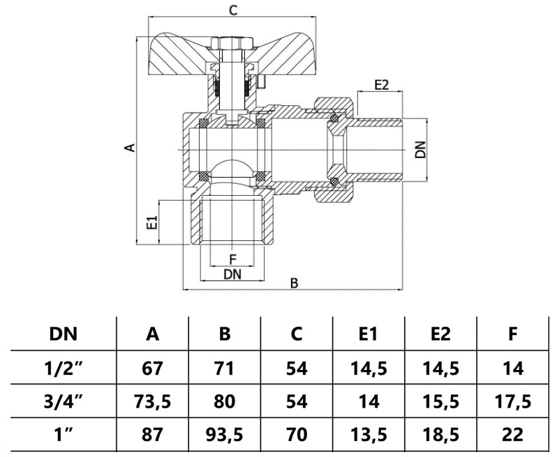 1 Inch Water Angled Ball Valve with Butterfly Handle Female x Male