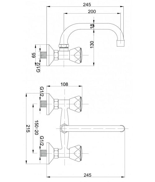 Chromed Brass Bathroom Kitchen Basin Wall Mounted Mixer Faucet 20cm C-type Spout