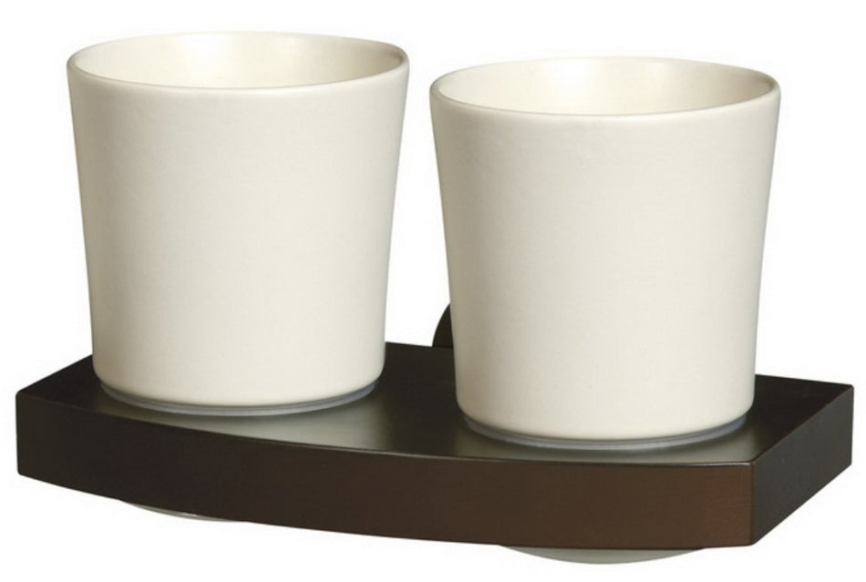 Ceramics Double Toothmug Toothbrush Cup Grip Solid Wood and Zamak Wall Mounted