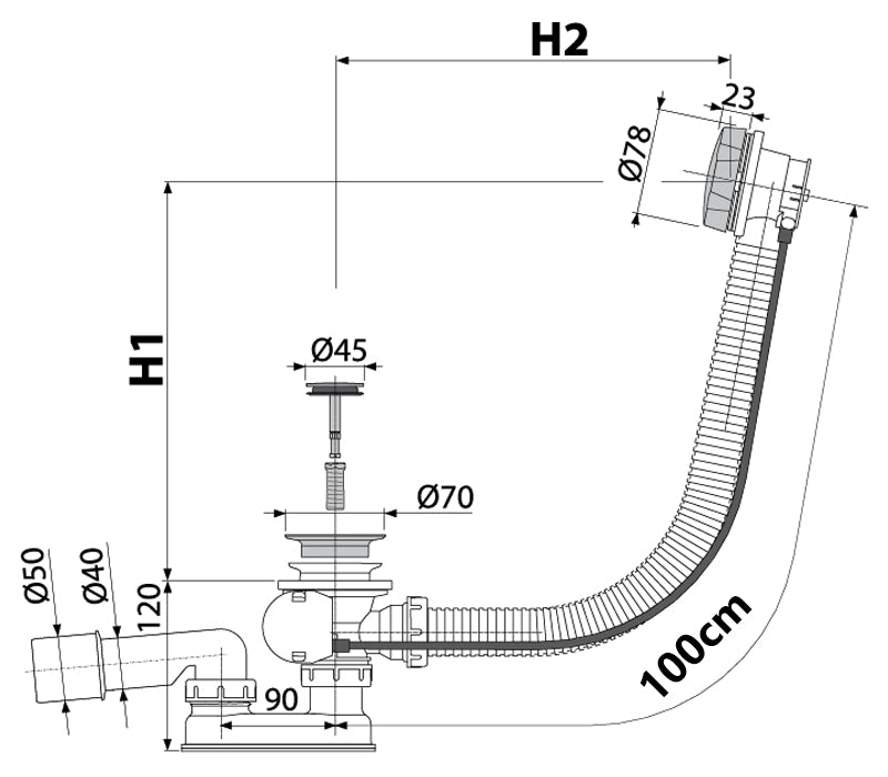 Bathtub Flexible Overflow Pipe Waste Drain Trap with Antique Brass Endings