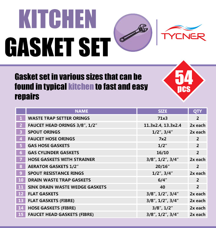 54 pcs of Kitchen Gaskets Universal Rubber Fibre Washer Set Various Sizes Types