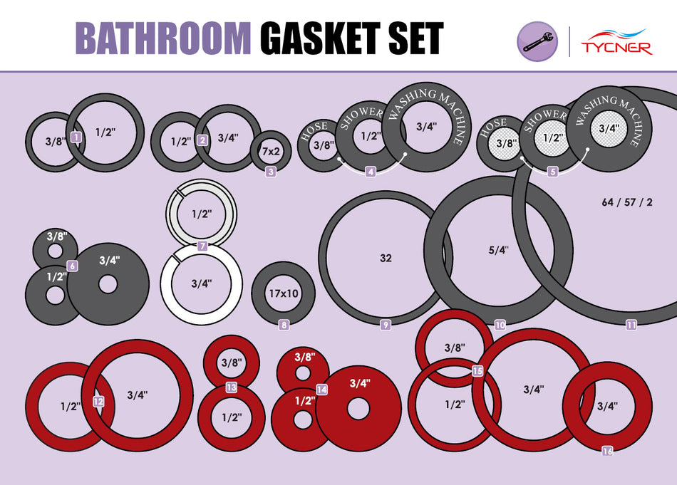 62 pcs of Bathroom Gaskets Universal Rubber Fibre Washer Set Various Sizes Types