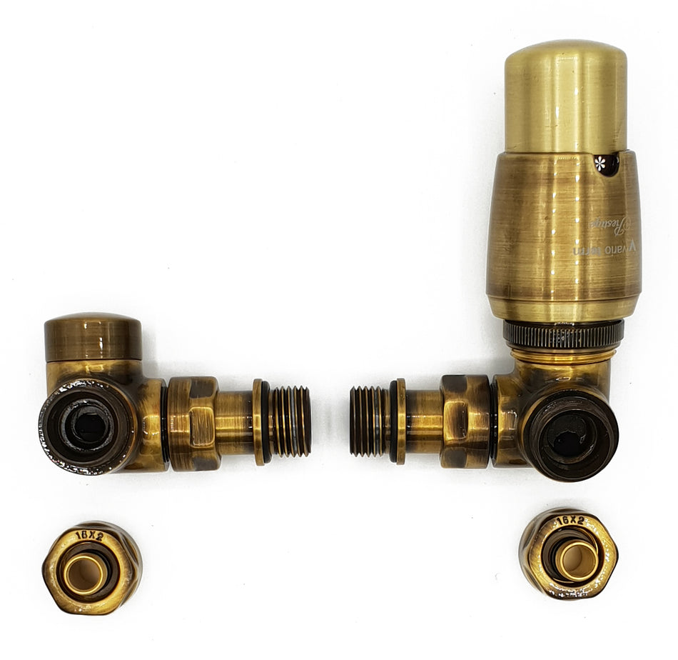 Right version with pex connectors antique brass thermostatic + lockshield angled valve set double-pipe radiator