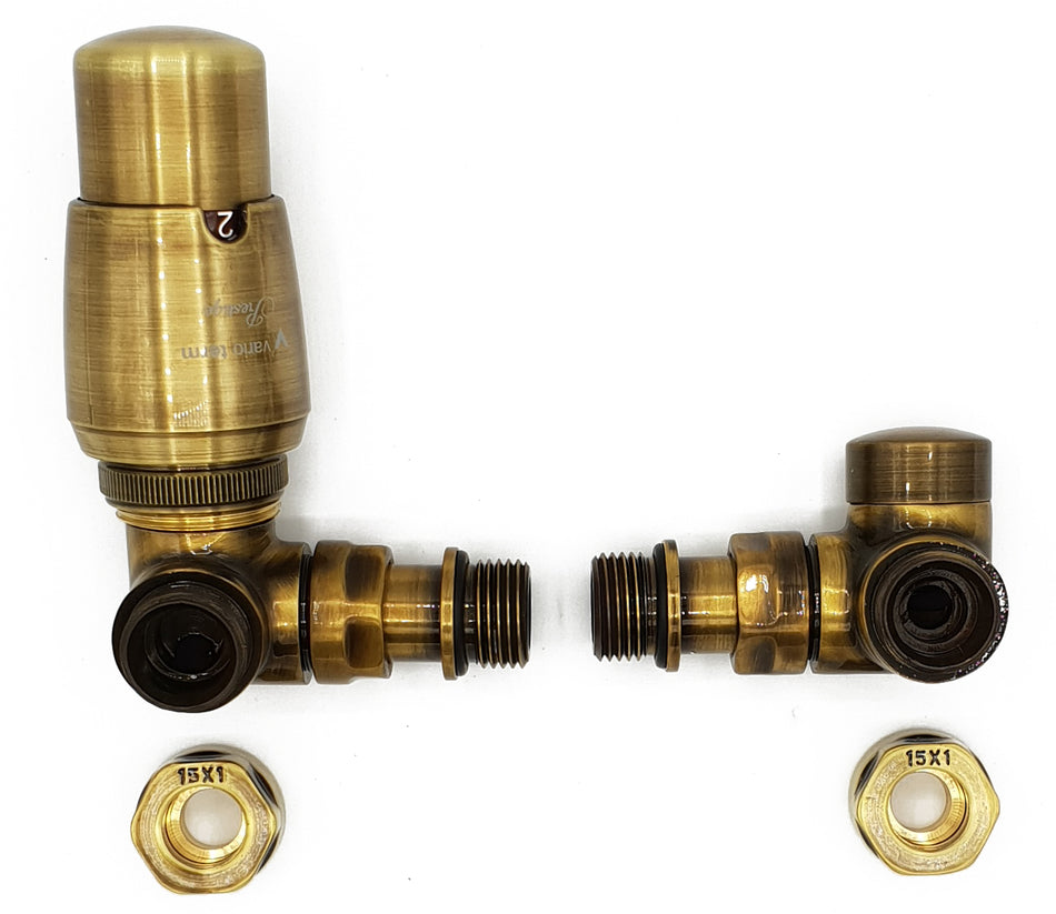 Left Version with Copper (Cu) Connectors Antique Brass Thermostatic + Lockshield Angled Valve Set Double-Pipe Radiator