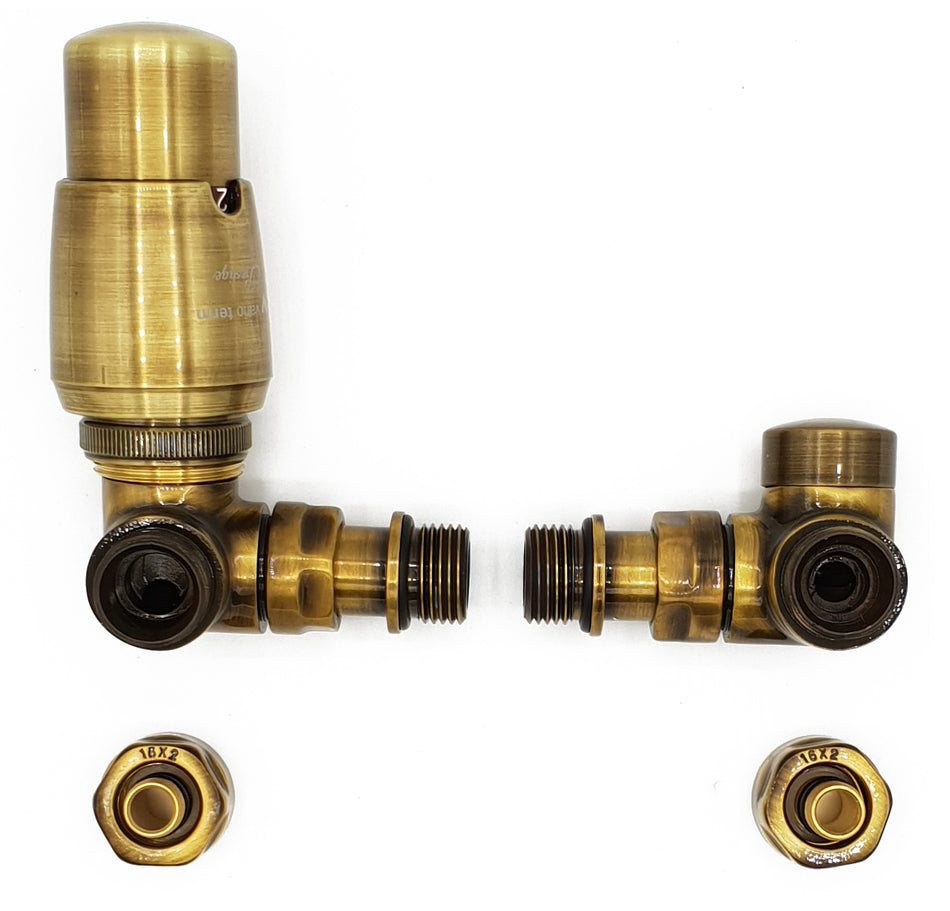 Left Version with PEX Connectors Antique Brass Thermostatic + Lockshield Angled Valve Set Double-Pipe Radiator