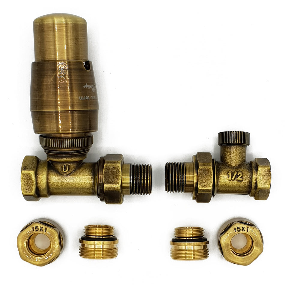 Straight Version with Copper (Cu) Connectors Elegant Antique Brass Thermostatic Lockshield Valve Radiator Set