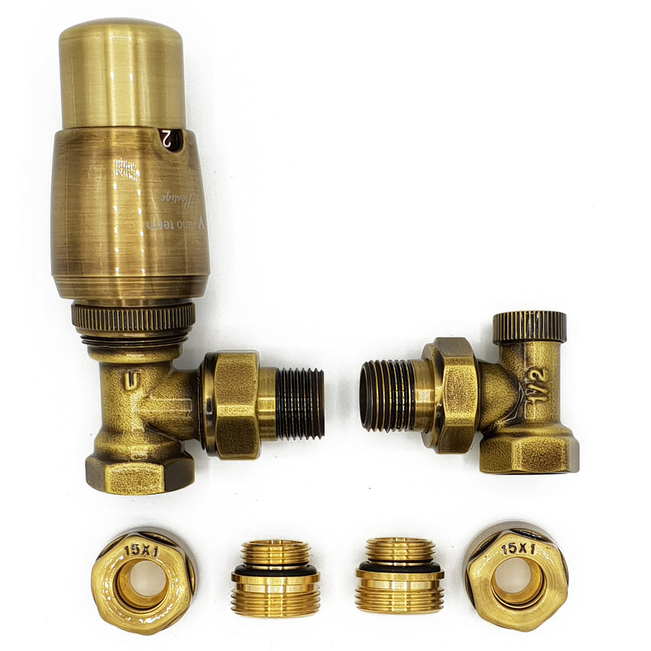 Angled Version with Copper (Cu) Connectors Elegant Antique Brass Thermostatic Lockshield Valve Radiator Set