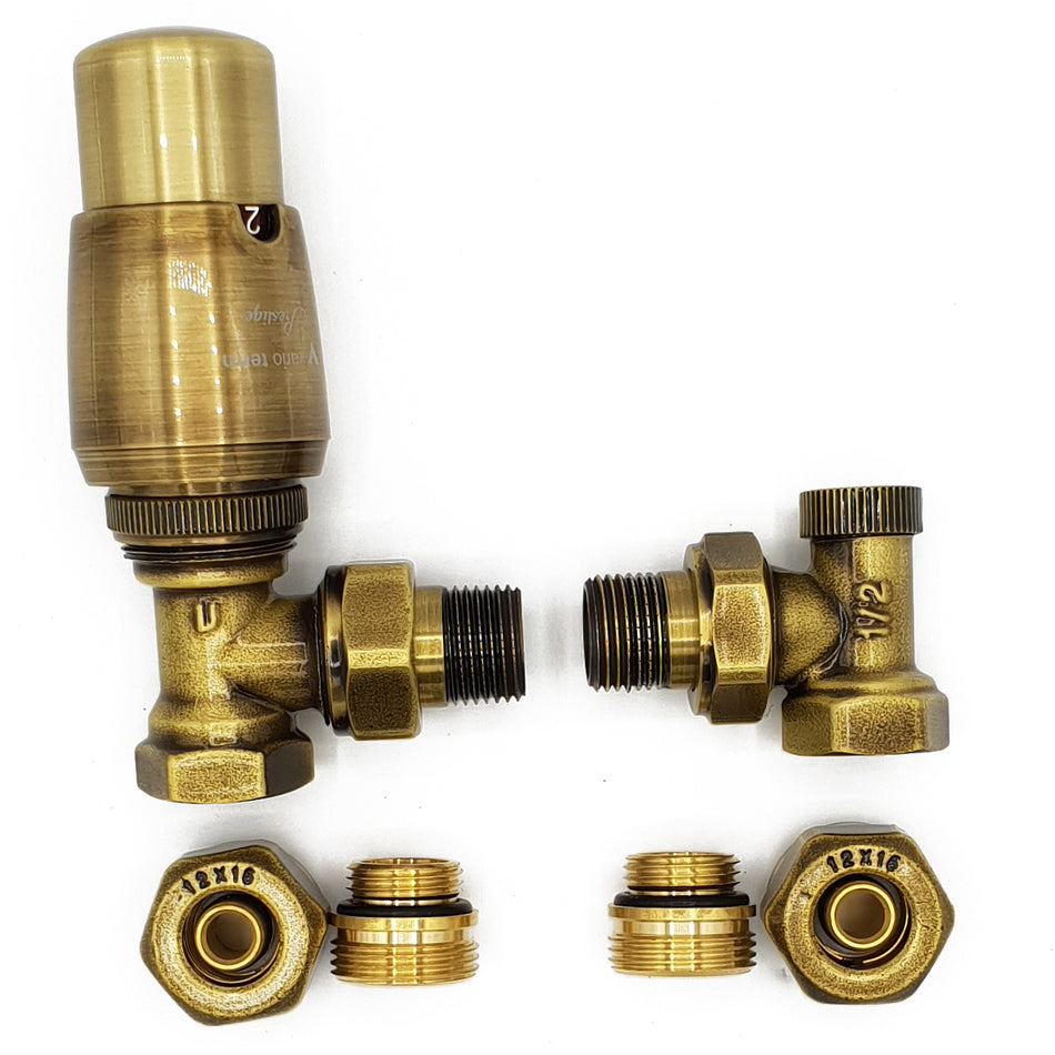 Angled Version with PEX Connectors Elegant Antique Brass Thermostatic Lockshield Valve Radiator Set