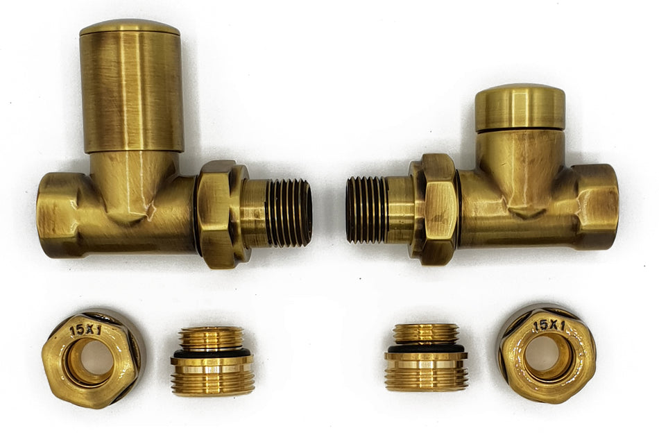 Straight Version with Copper (Cu) Connectors Elegant Antique Brass Regulating + Lockshield Valve Radiator Set