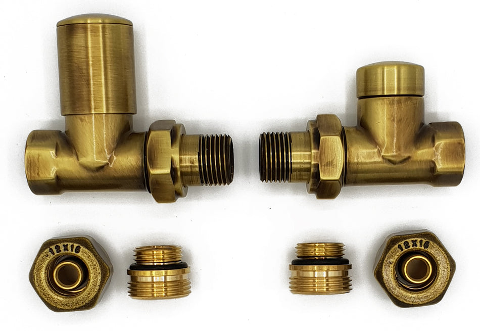 Straight Version with PEX Connectors Elegant Antique Brass Regulating + Lockshield Valve Radiator Set
