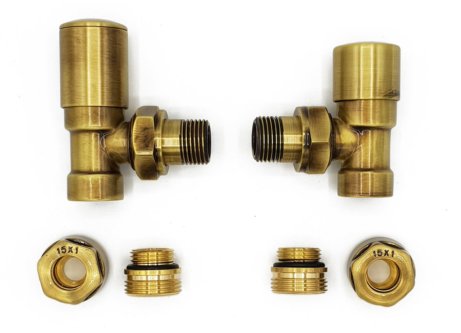 Angled Version with Copper (Cu) Connectors Elegant Antique Brass Regulating + Lockshield Valve Radiator Set
