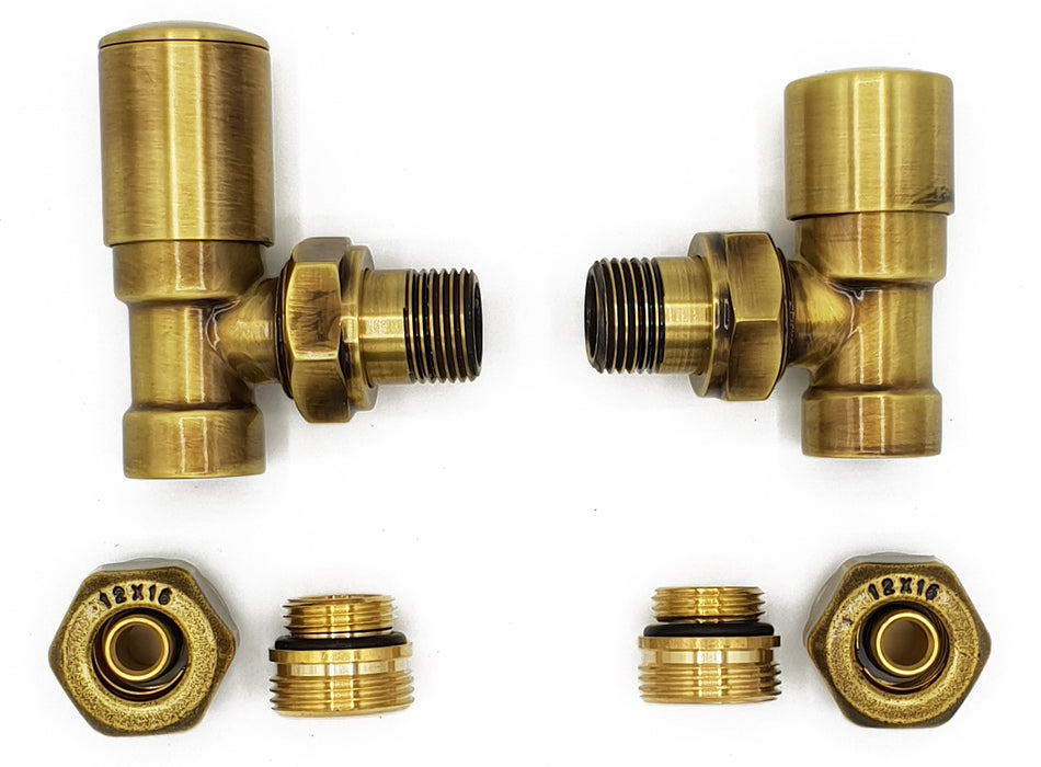 Angled Version with PEX Connectors Elegant Antique Brass Regulating + Lockshield Valve Radiator Set