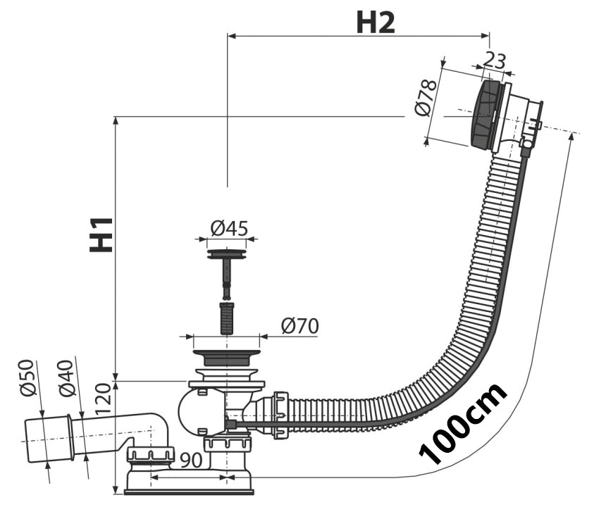 Black Powder Coated Endings Bathtub Flexible Bath Overflow Waste Drain Trap