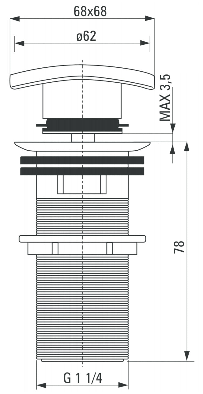 Click-Clack Slotted Square Push Button Waste Plug Sink Basin Black Powder Coated