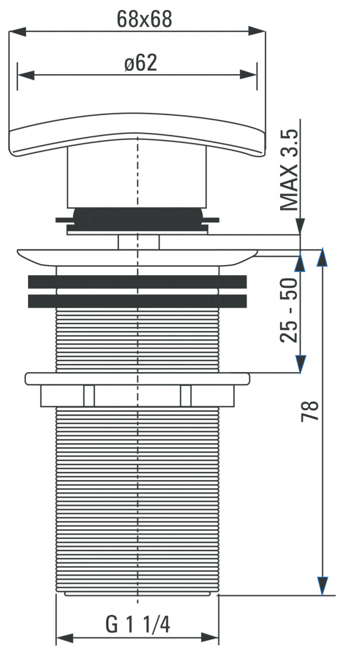 Click-Clack Unslotted Square Push Button Waste Plug Sink Basin Black Powder Coated