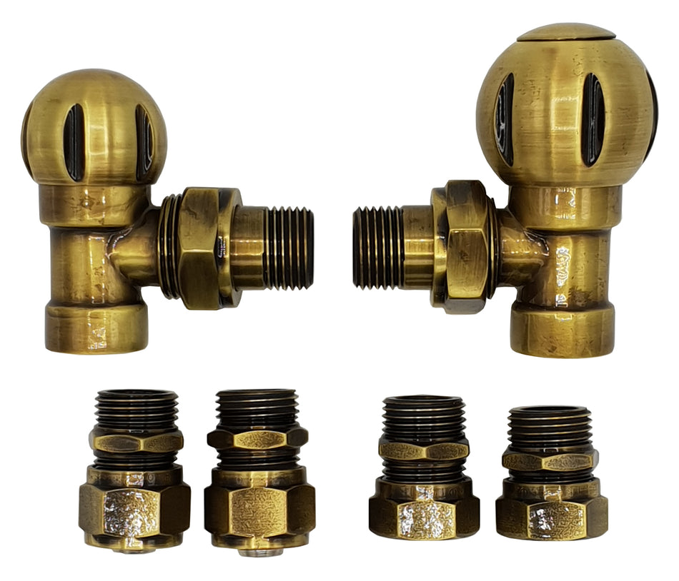 Angled Antique Brass Valve Radiator Ball Set + PEX and Copper (Cu) Connectors