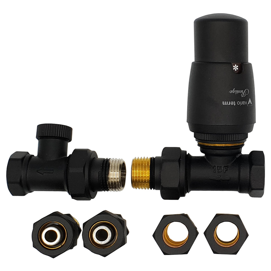 Straight Version Black Powder Coated Brass Thermostatic Lockshield Valve Radiator Set + Copper (Cu) and PEX Connectors