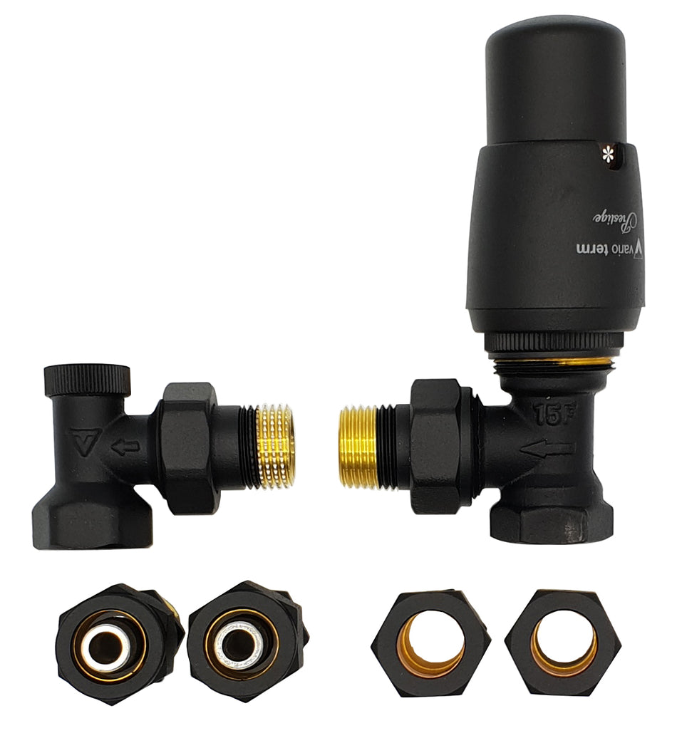 Angled Version Black Powder Coated Brass Thermostatic Lockshield Valve Radiator Set + Copper (Cu) and PEX Connectors