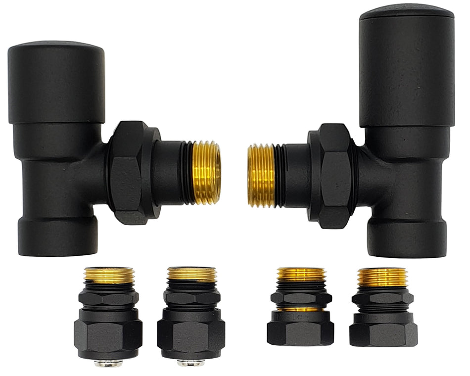 Angled Version Black Powder Coated Brass Antique Brass Regulating + Lockshield Valve Radiator Set + Copper (Cu) and PEX Connectors