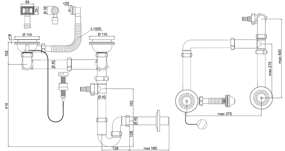 Kitchen Double 115mm Sink Drain P-Trap Link Control Dishwasher Input