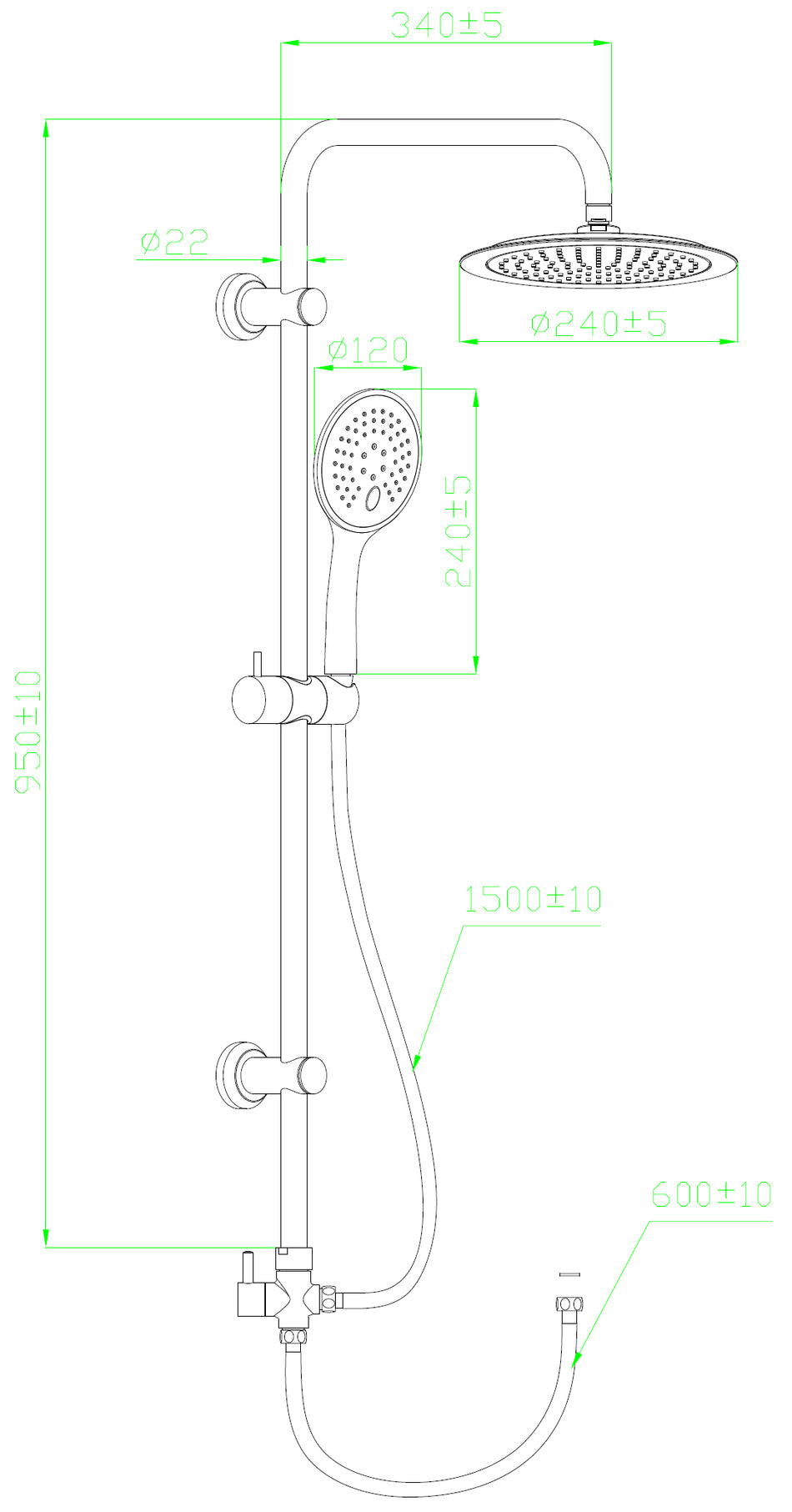 Black Manual Shower Column 3-function Showerhead with Round Sliding Rainfall