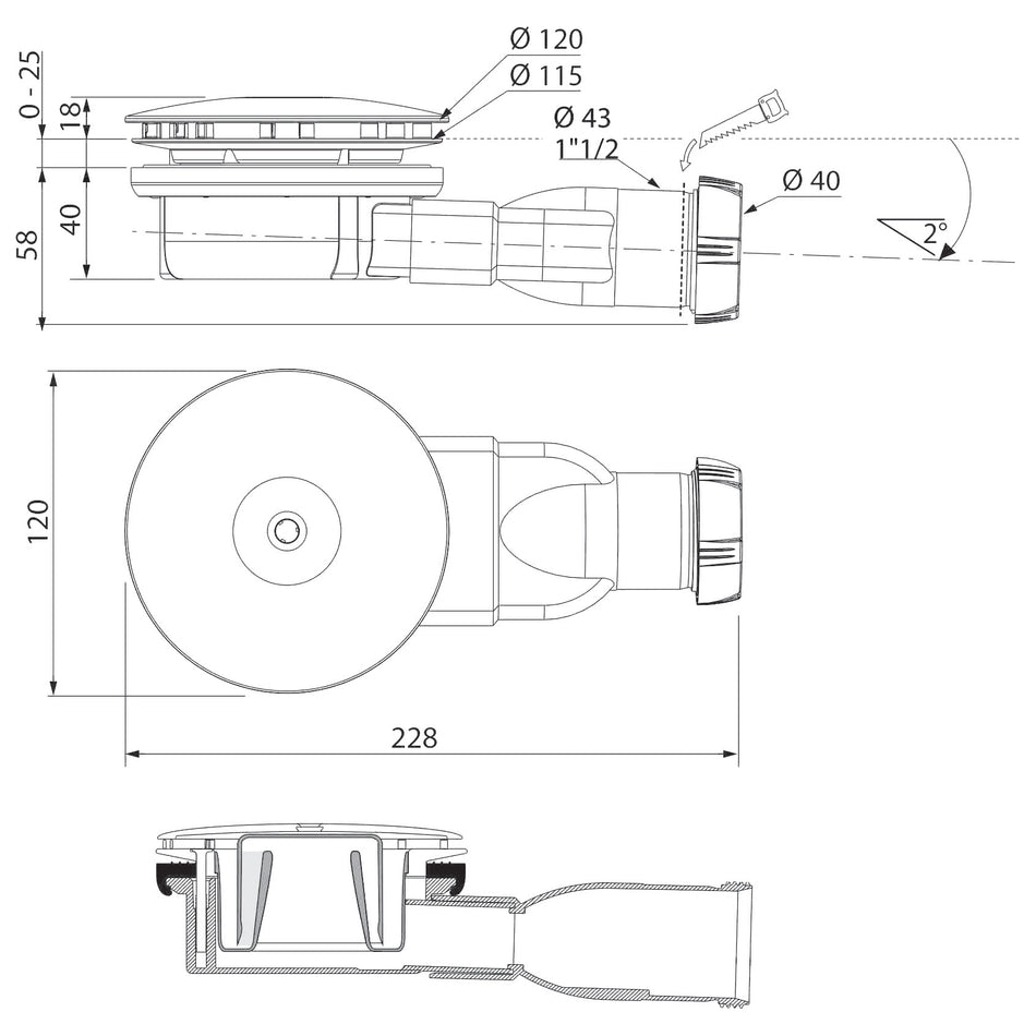 Chrome Dome DN40 Slim Shower Drain Waste Trap Super Flat Cup-Connection 24l/min