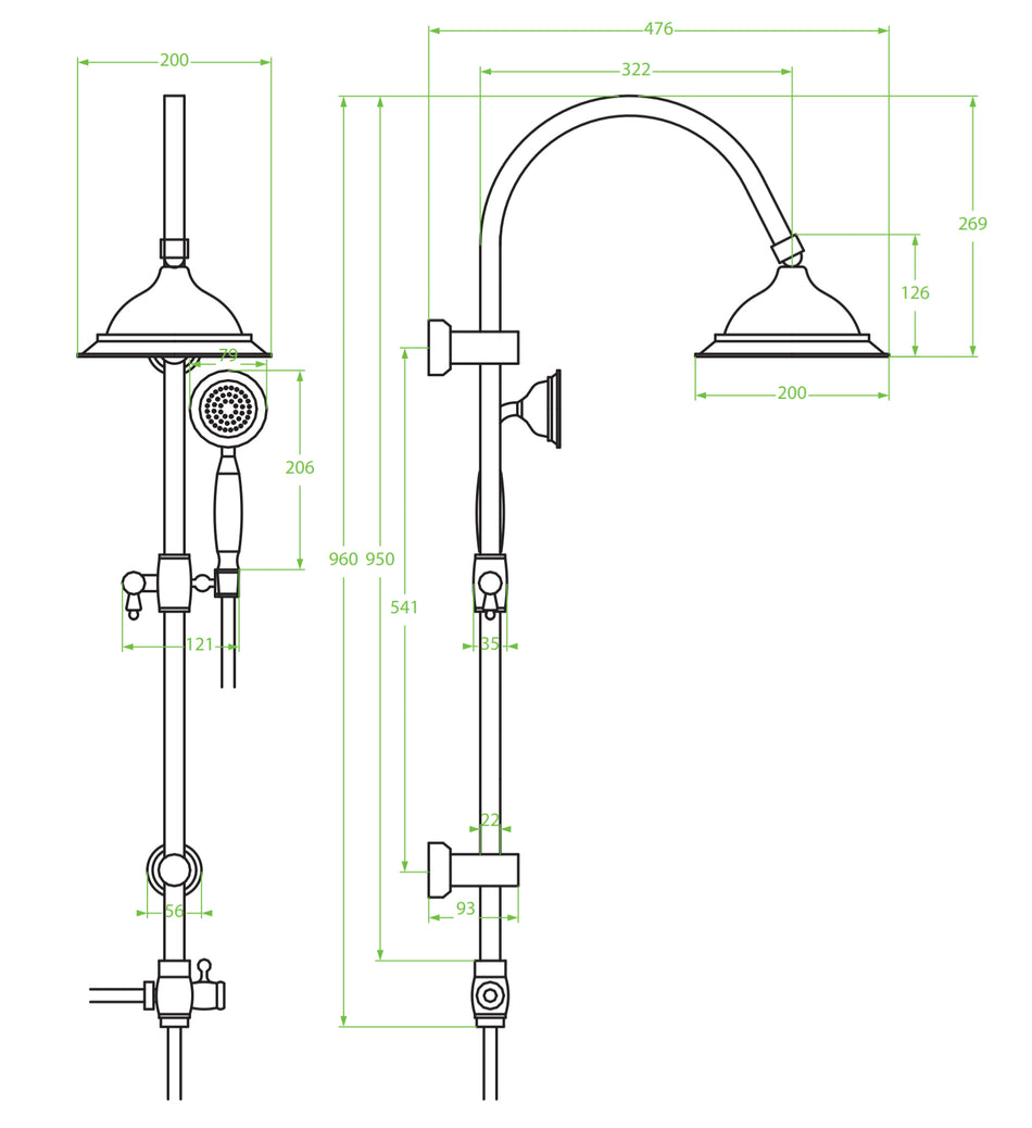 Retro Shower Column Wallmounted Rainfall + Handshower Antique Brass Finishing