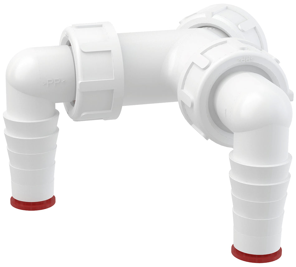 Double 17-23mm Dishwasher Elbow Inlets to 1" BSP Drain Waste Trap Connector