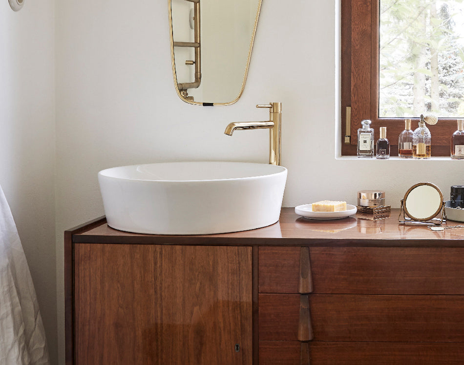 Gold Coloured Brass Bathroom Basin Faucet Standing Tall Mixer Tap Single Lever