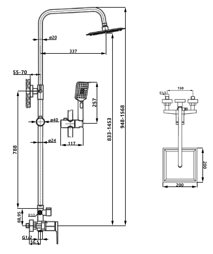 Black/Rose Gold Brass Bathroom Shower Column Set Handshower Square Rainfall