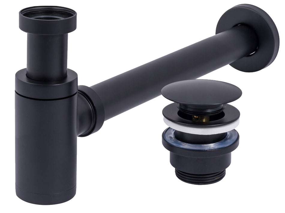 Universal Black Powder Coated Waste Bottle Basin Trap + Click-Clack Sink Drain