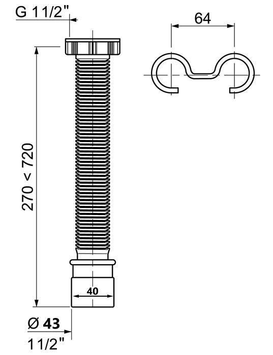 1 1/2" (6/4") x 40mm Extendable 270-700mm Waste Drain Connector Flexible Pipe