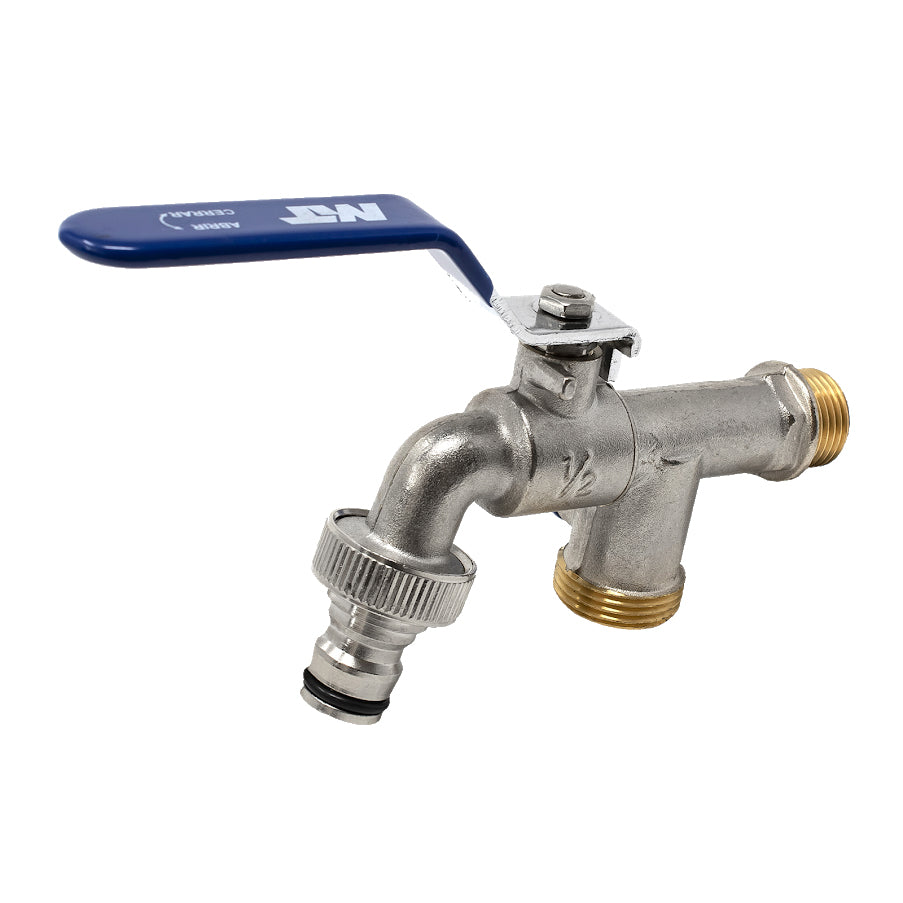 Double Garden Tap Ball Valve Quickfit Connection 1/2" x 3/4" x 3/4" Inch BSP