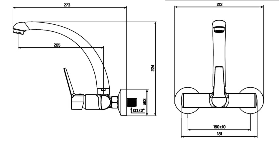 Wallmounted 'F' Type Spout Kitchen Sink Tap Single Lever Black Finished Brass VILAVA