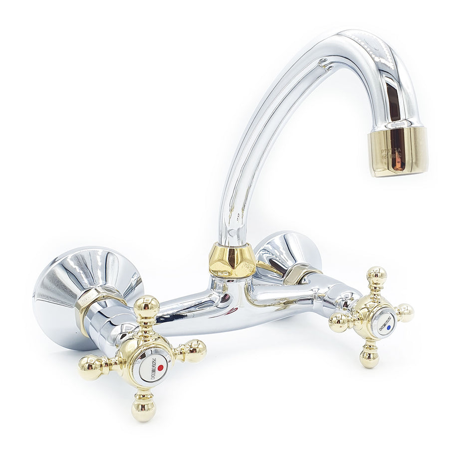 Chrome/Gold Colour 'F' Spout Type Finishing Kitchen Tap Wall Faucet Cross Head